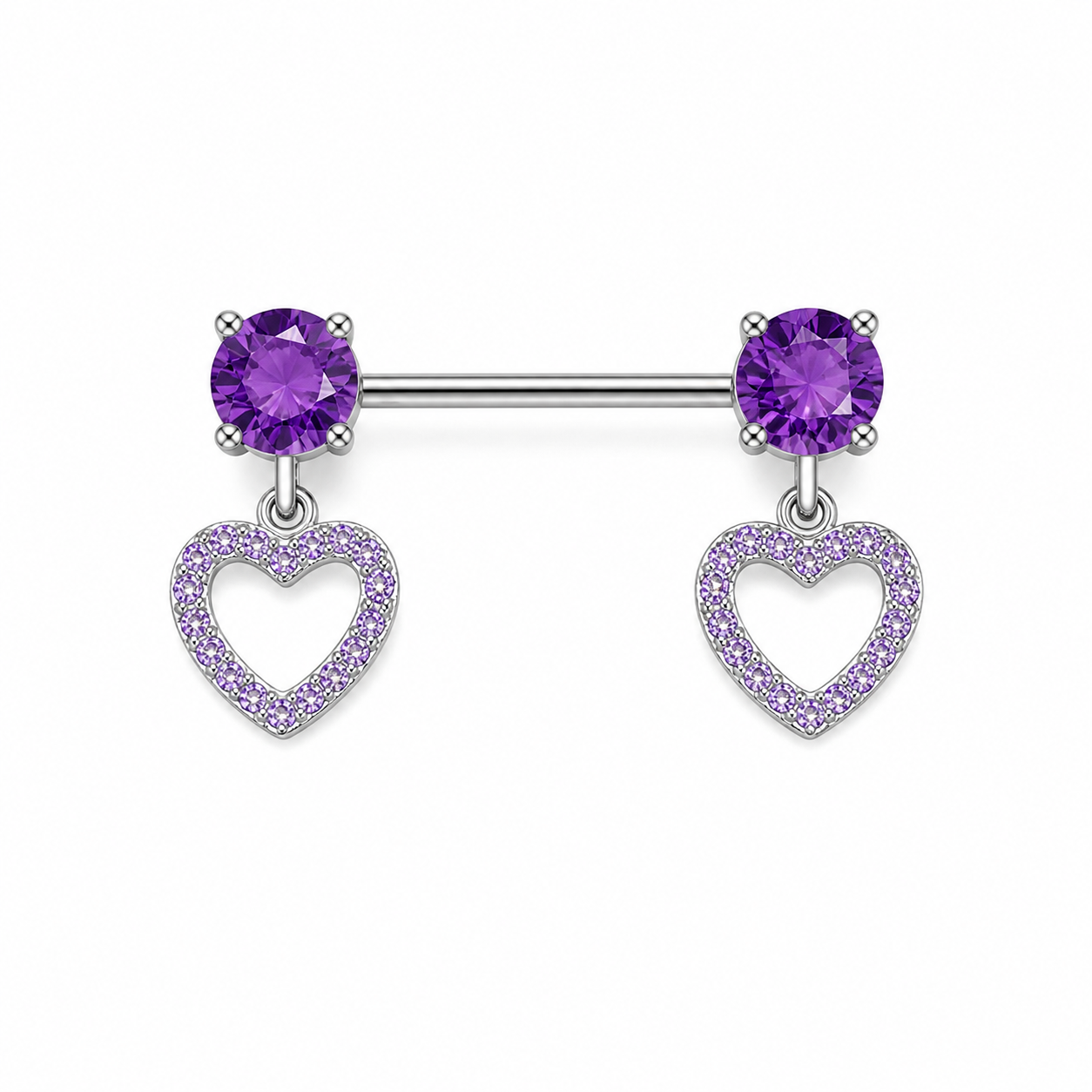 Piercing téton paire barre argentée zircon rond et pendentif cœur creux pavé violet