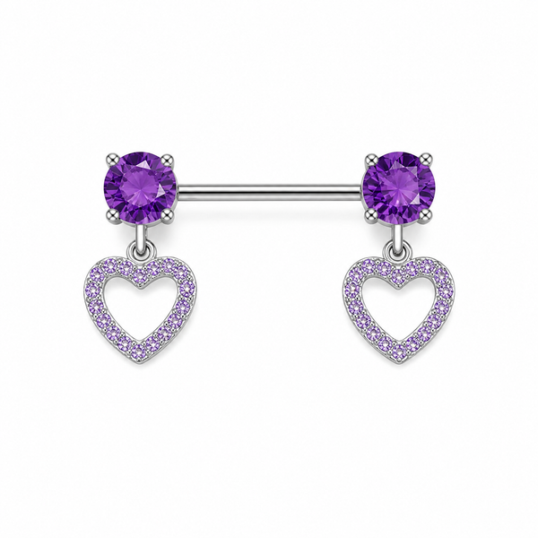 Piercing téton paire barre argentée zircon rond et pendentif cœur creux pavé violet