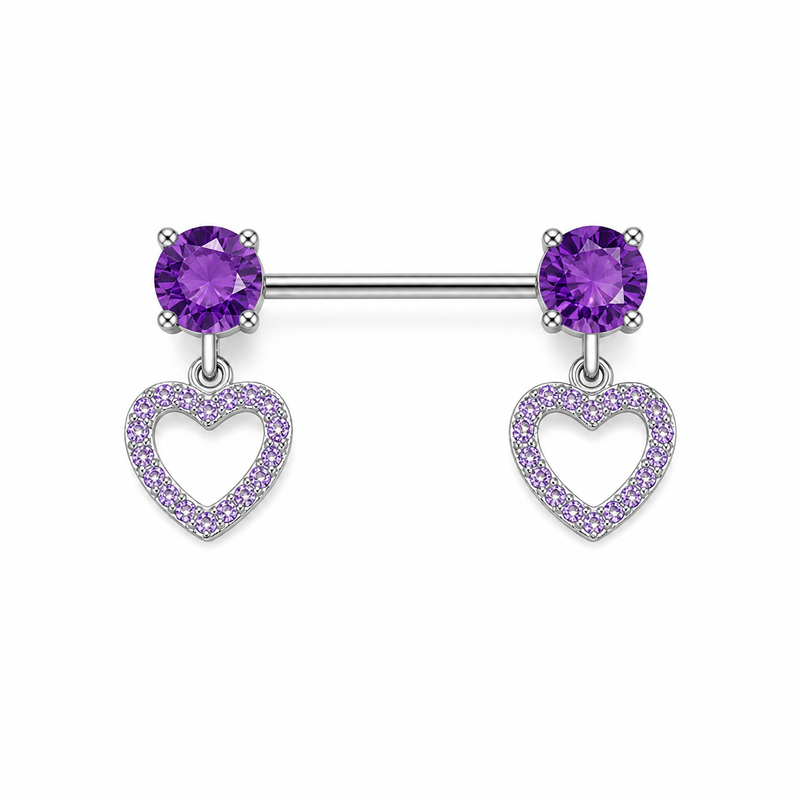 Piercing téton paire barre argentée zircon rond et pendentif cœur creux pavé violet