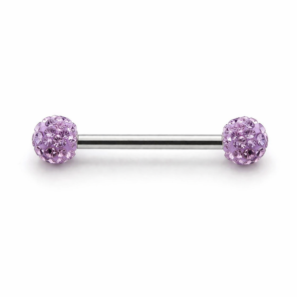 Piercing téton barre argentée double boule disco strass violet — coloris violet