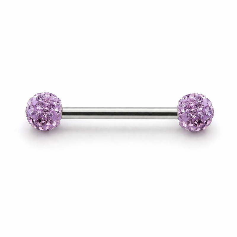 Piercing téton barre argentée double boule disco strass violet — coloris violet