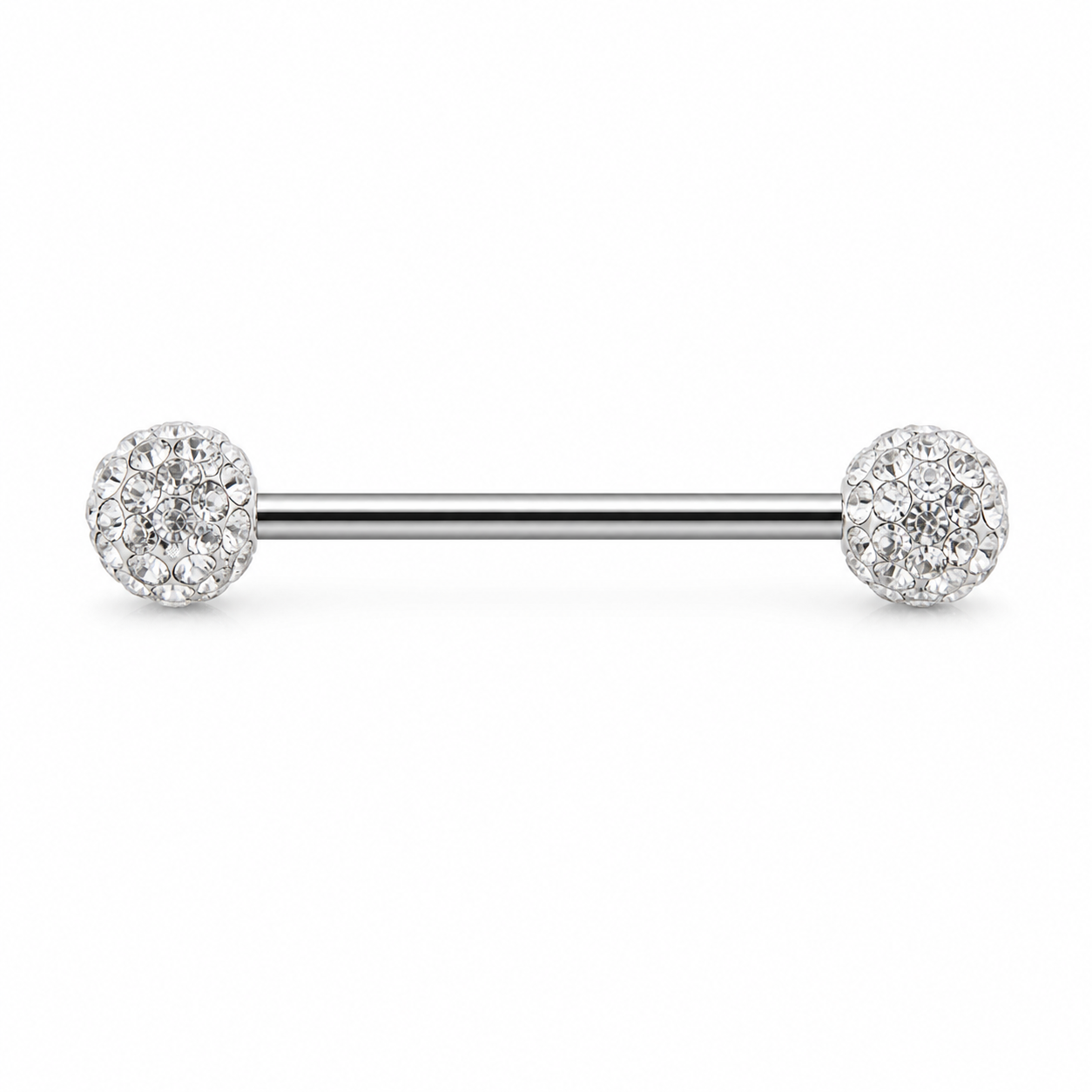Piercing téton barre argentée double boule disco strass blanc cristal — coloris blanc