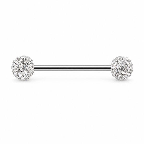 Piercing téton barre argentée double boule disco strass blanc cristal — coloris blanc