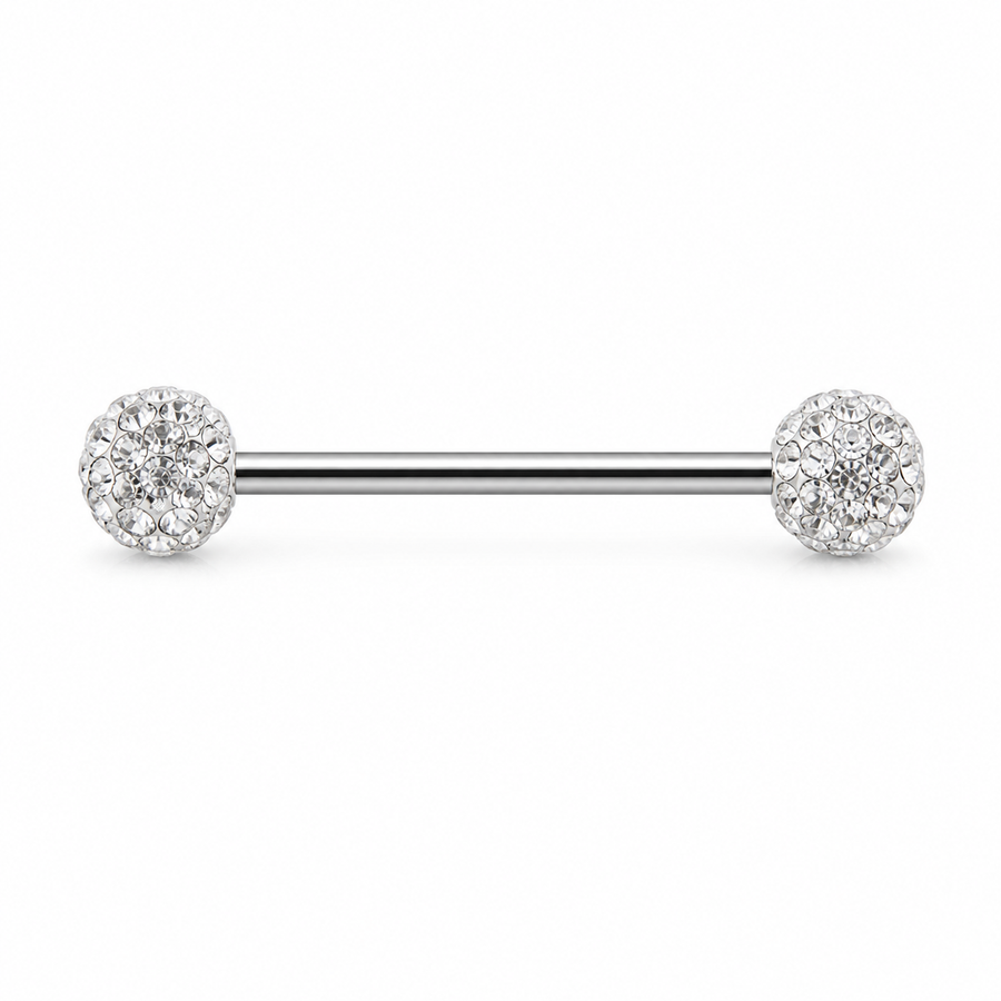 Piercing téton barre argentée double boule disco strass blanc cristal — coloris blanc