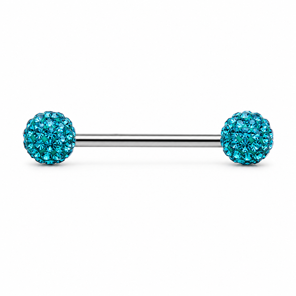 Piercing téton barre argentée double boule disco strass turquoise — coloris turquoise