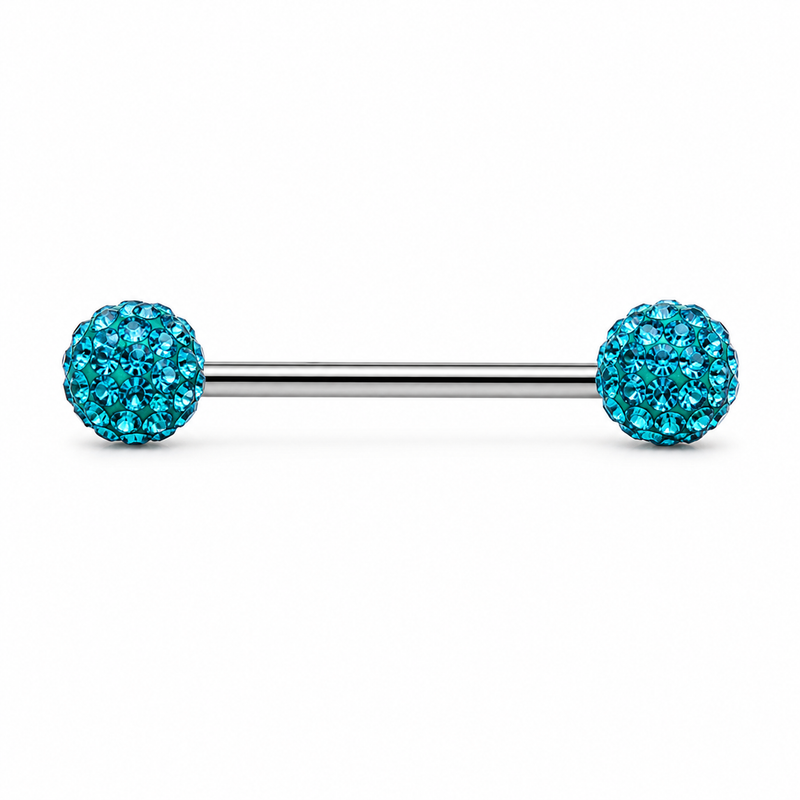 Piercing téton barre argentée double boule disco strass turquoise — coloris turquoise