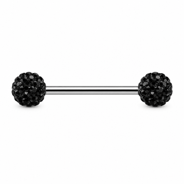 Piercing téton barre argentée double boule disco strass noir — coloris noir