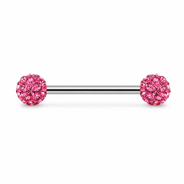 Piercing téton barre argentée double boule disco strass rose — coloris rose