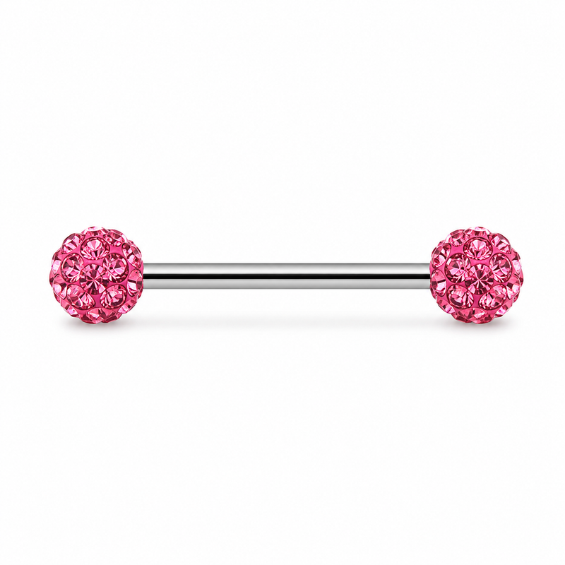 Piercing téton barre argentée double boule disco strass rose — coloris rose