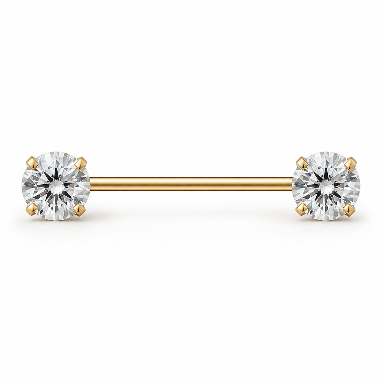 Piercing téton barre dorée double grand zircon rond serti griffes — finition dorée