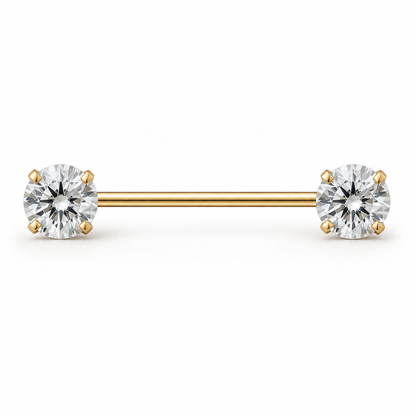 Piercing téton barre dorée double grand zircon rond serti griffes — finition dorée