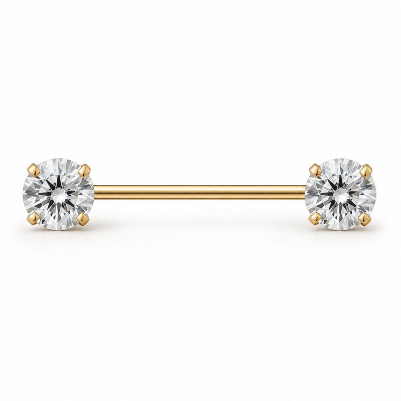 Piercing téton barre dorée double grand zircon rond serti griffes — finition dorée