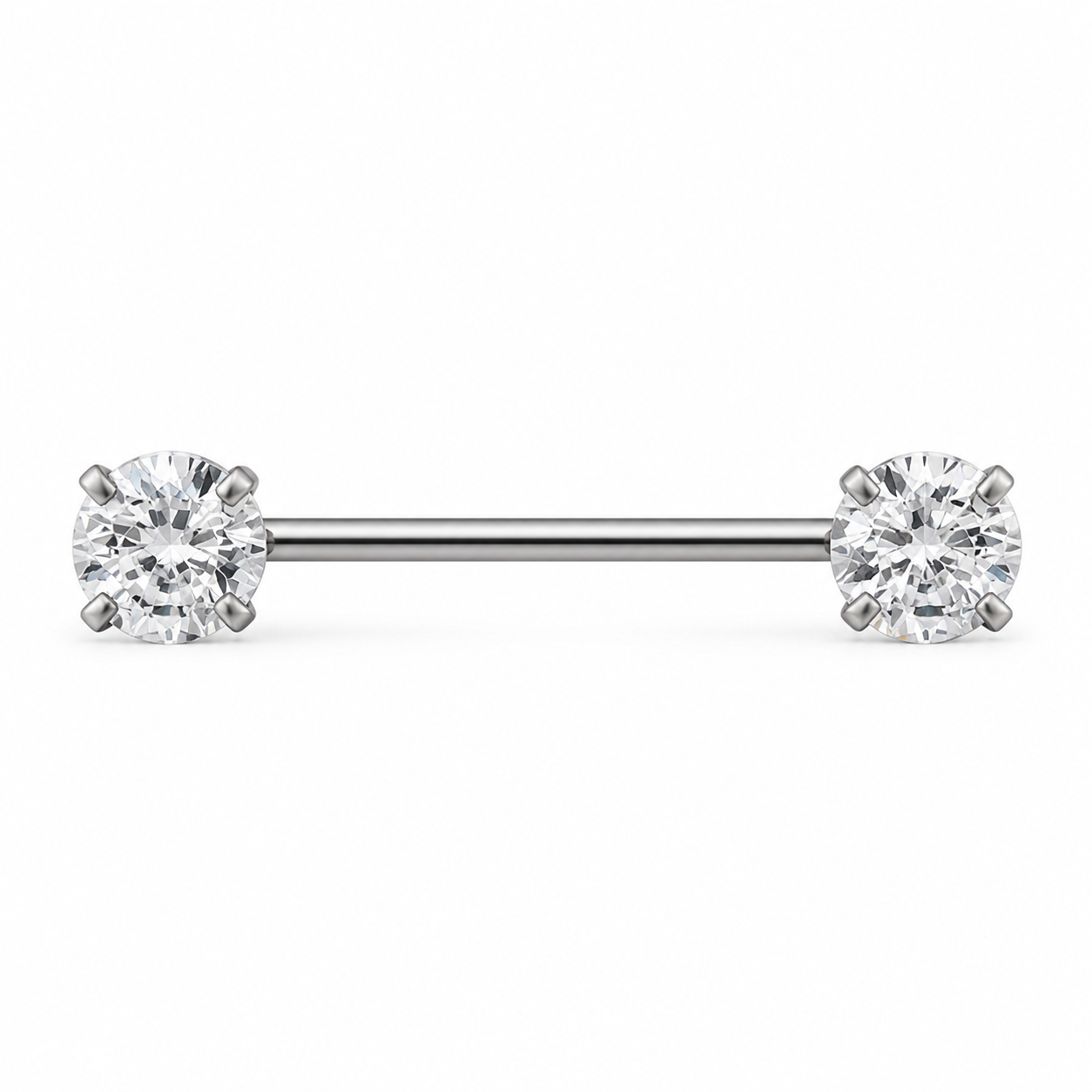 Piercing téton barre argentée double grand zircon rond serti griffes — finition argentée
