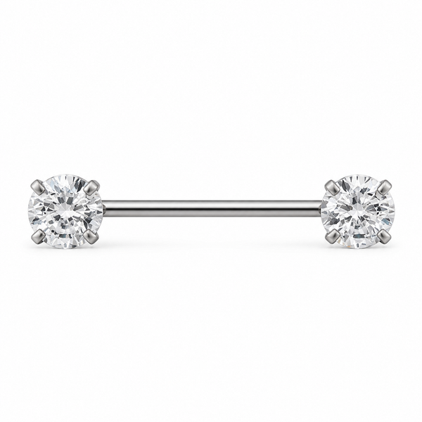 Piercing téton barre argentée double grand zircon rond serti griffes — finition argentée