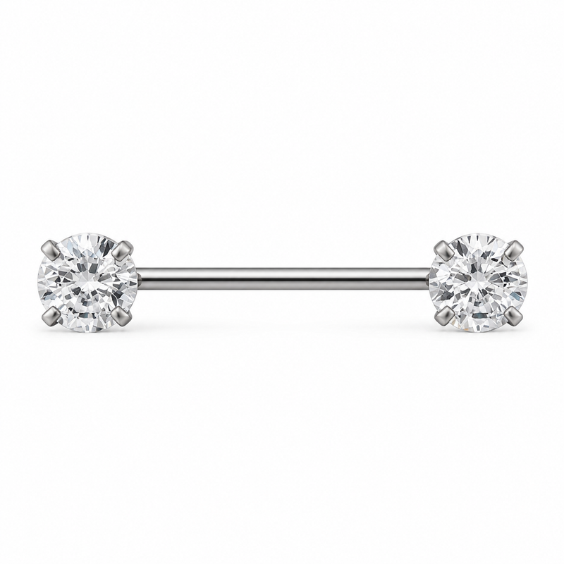 Piercing téton barre argentée double grand zircon rond serti griffes — finition argentée