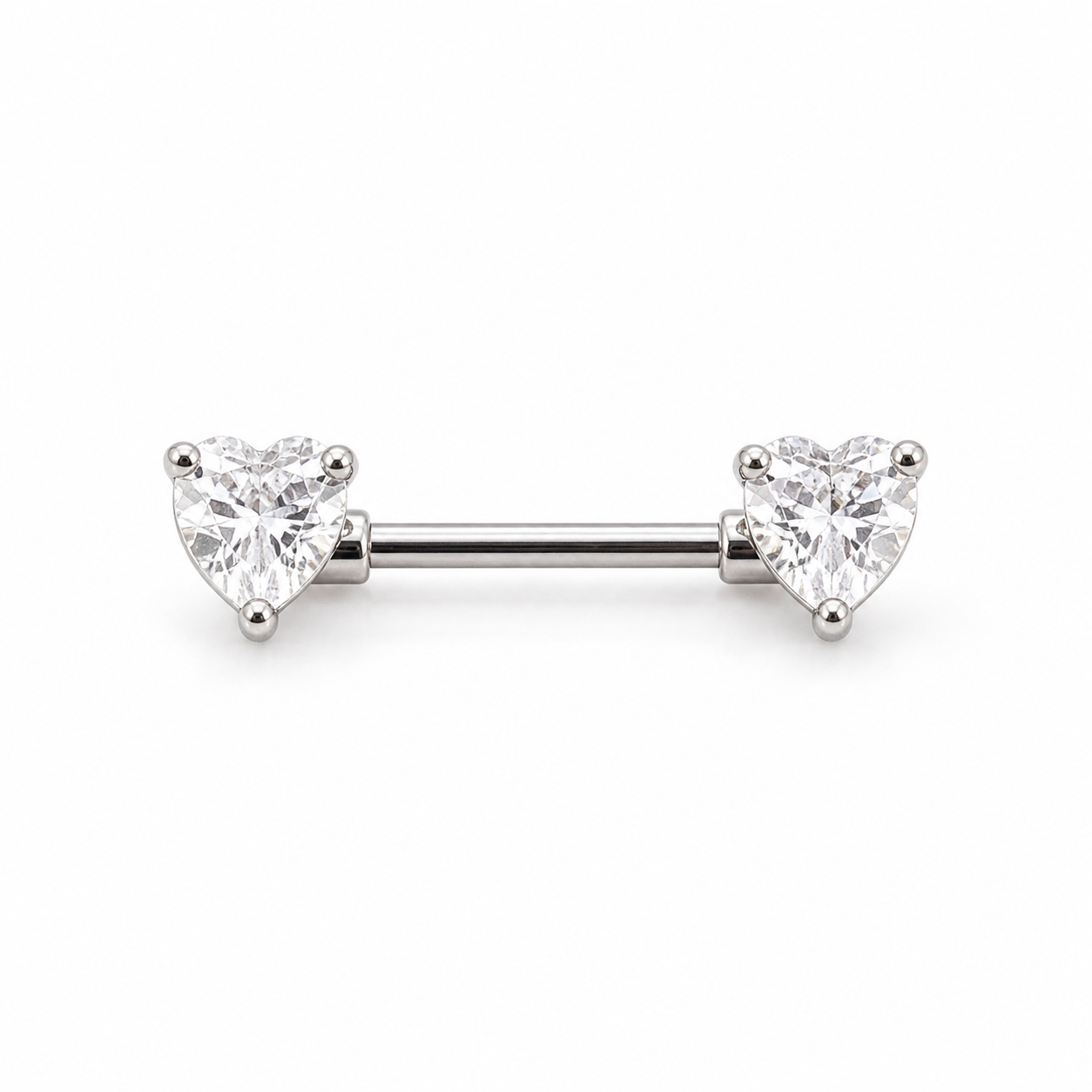 Piercing téton barre argentée double cœur zircon blanc taille cœur — coloris blanc argenté