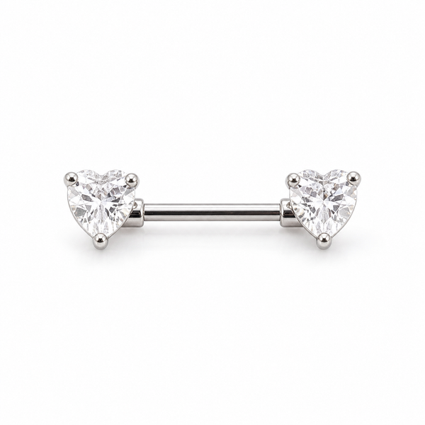 Piercing téton barre argentée double cœur zircon blanc taille cœur — coloris blanc argenté