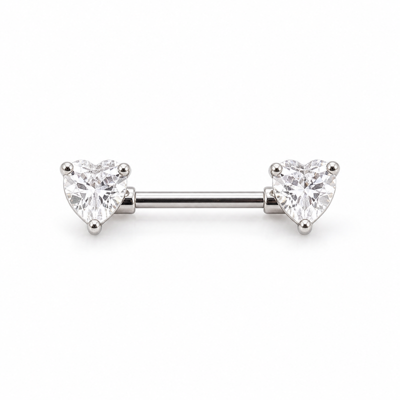 Piercing téton barre argentée double cœur zircon blanc taille cœur — coloris blanc argenté
