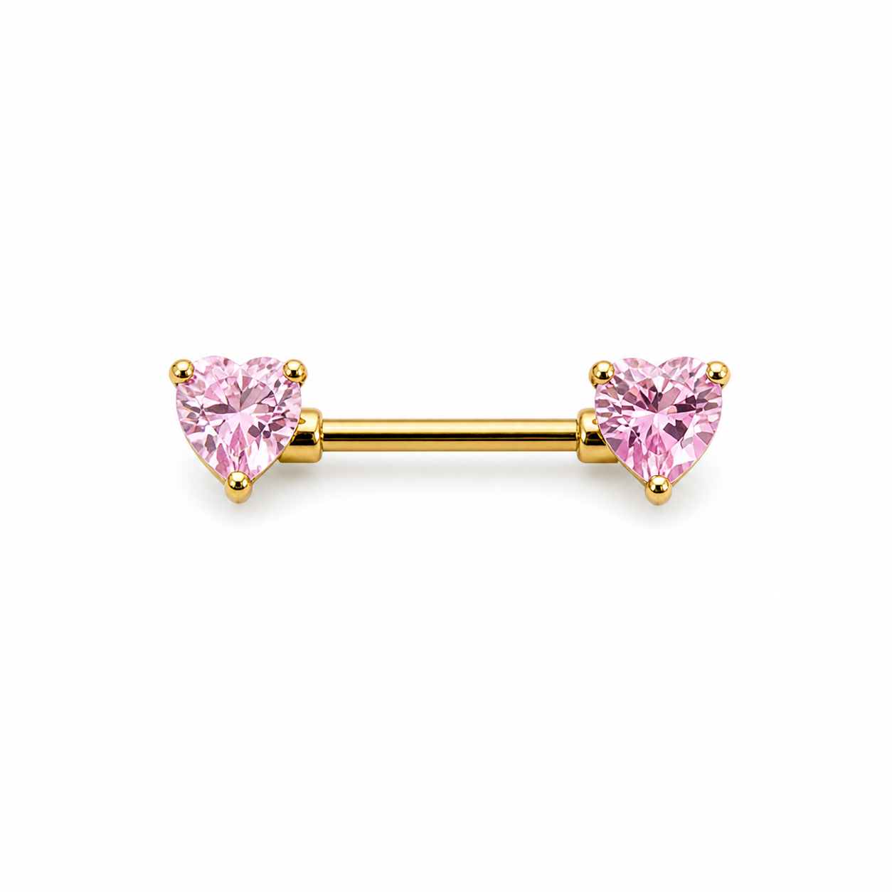 Piercing téton barre dorée double cœur zircon rose taille cœur — coloris rose doré