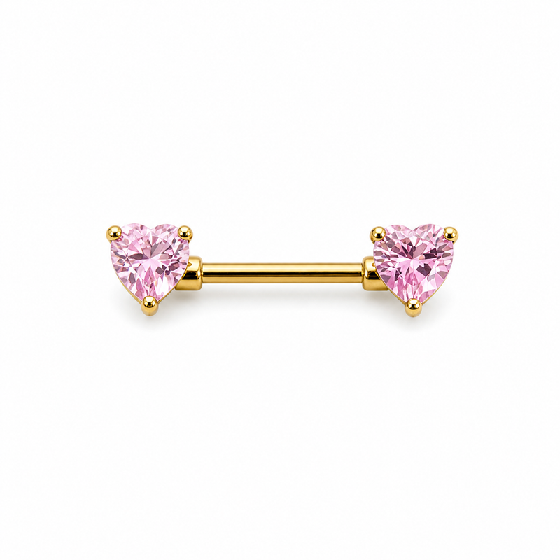 Piercing téton barre dorée double cœur zircon rose taille cœur — coloris rose doré