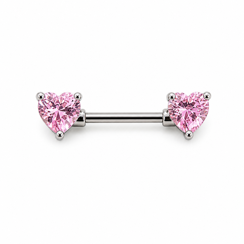 Piercing téton barre argentée double cœur zircon rose taille cœur — coloris rose argenté