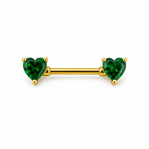 Piercing téton barre dorée double cœur zircon vert émeraude taille cœur — coloris vert doré