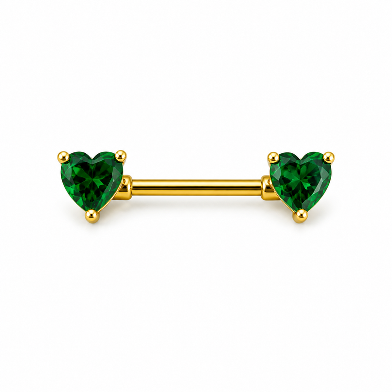Piercing téton barre dorée double cœur zircon vert émeraude taille cœur — coloris vert doré