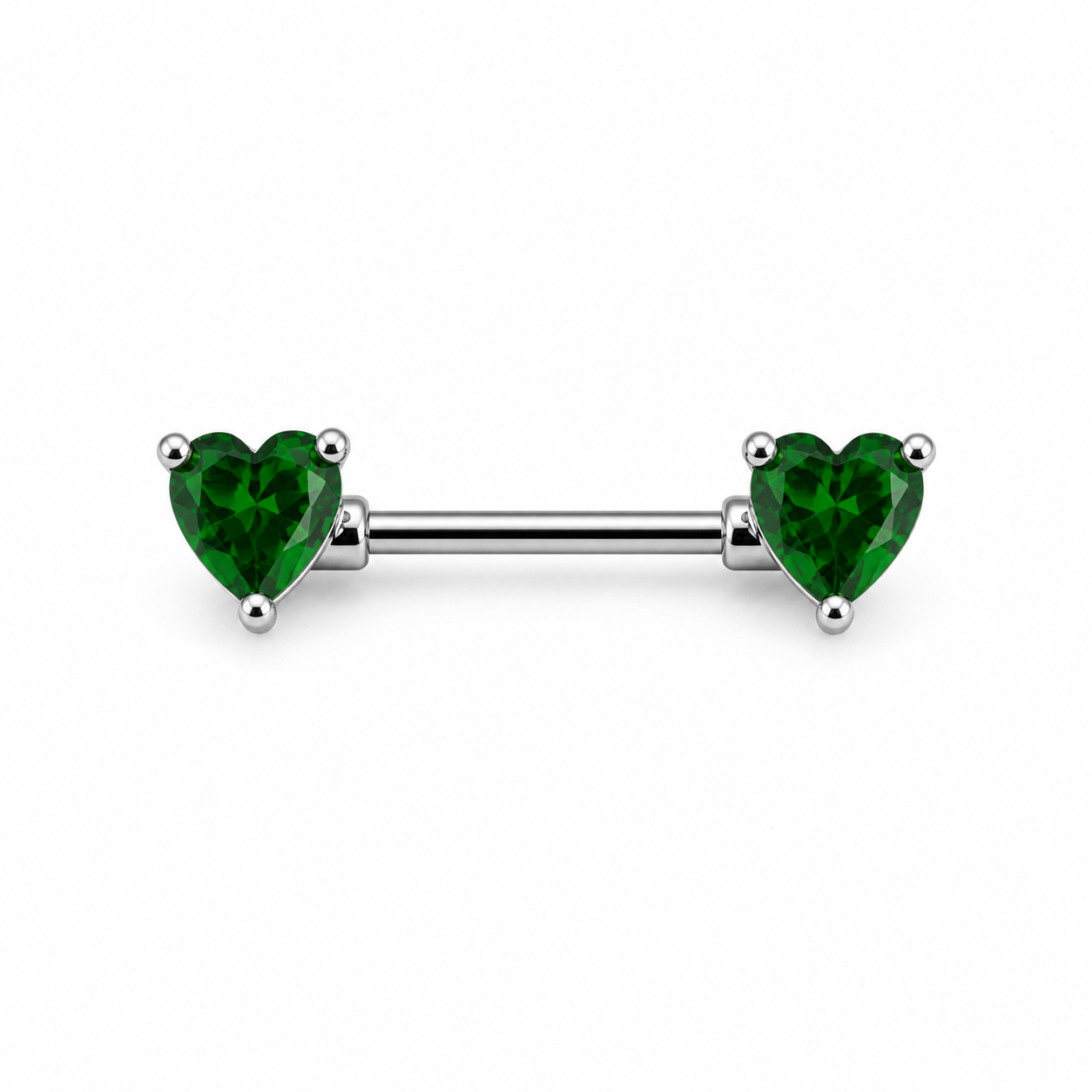 Piercing téton barre argentée double cœur zircon vert émeraude — coloris vert argenté