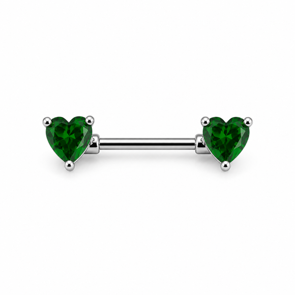 Piercing téton barre argentée double cœur zircon vert émeraude — coloris vert argenté