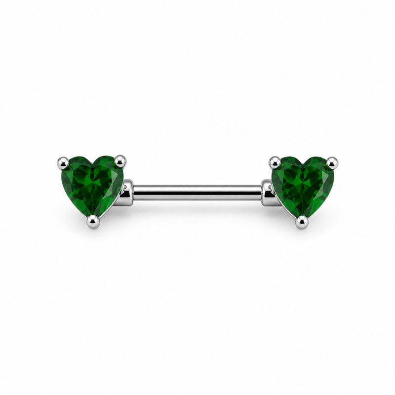 Piercing téton barre argentée double cœur zircon vert émeraude — coloris vert argenté