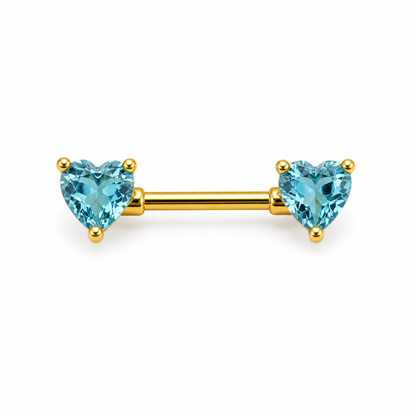 Piercing téton barre dorée double cœur zircon turquoise taille cœur — coloris turquoise doré
