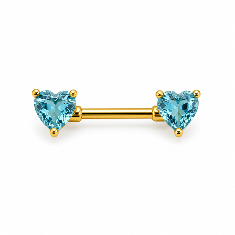 Piercing téton barre dorée double cœur zircon turquoise taille cœur — coloris turquoise doré