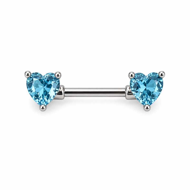 Piercing téton barre argentée double cœur zircon turquoise — coloris turquoise argenté