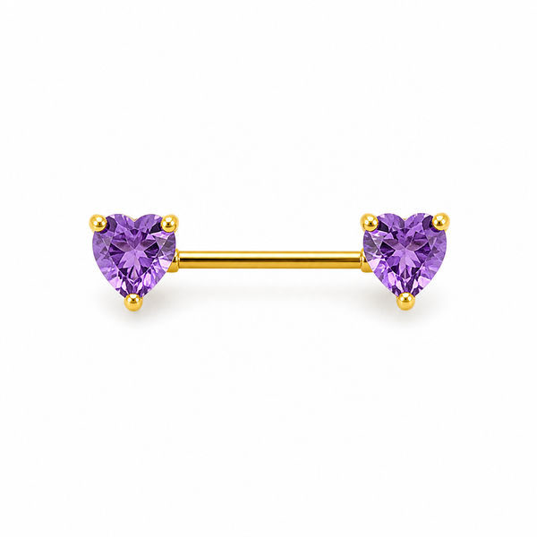 Piercing téton barre dorée double cœur zircon violet taille cœur — coloris violet doré