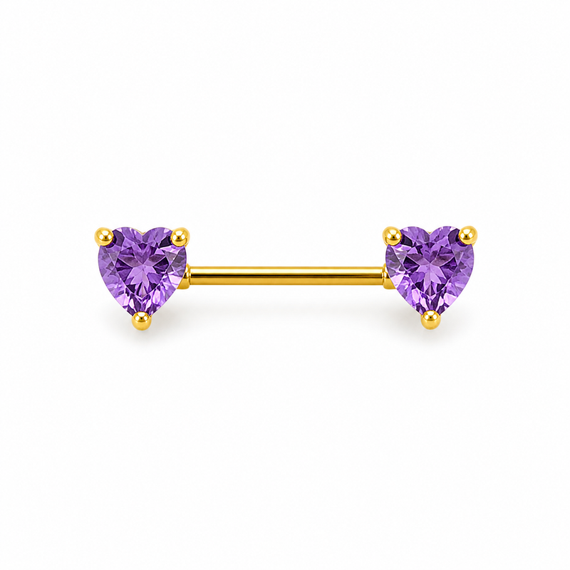Piercing téton barre dorée double cœur zircon violet taille cœur — coloris violet doré
