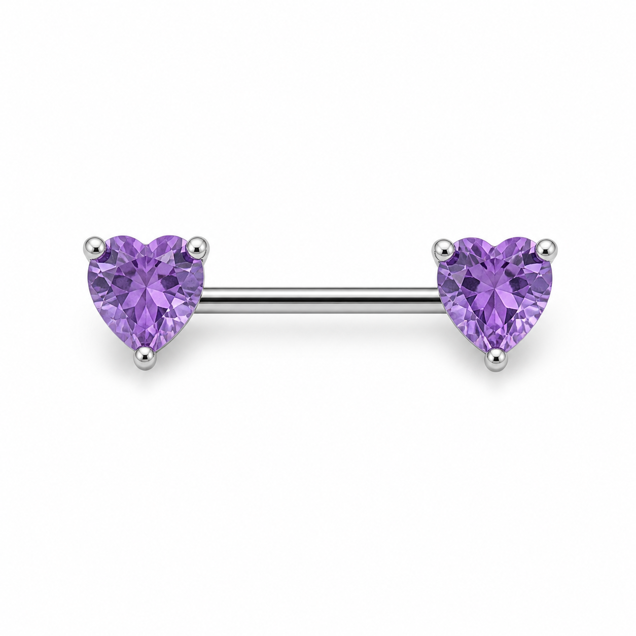 Piercing téton barre argentée double cœur zircon violet — coloris violet argenté