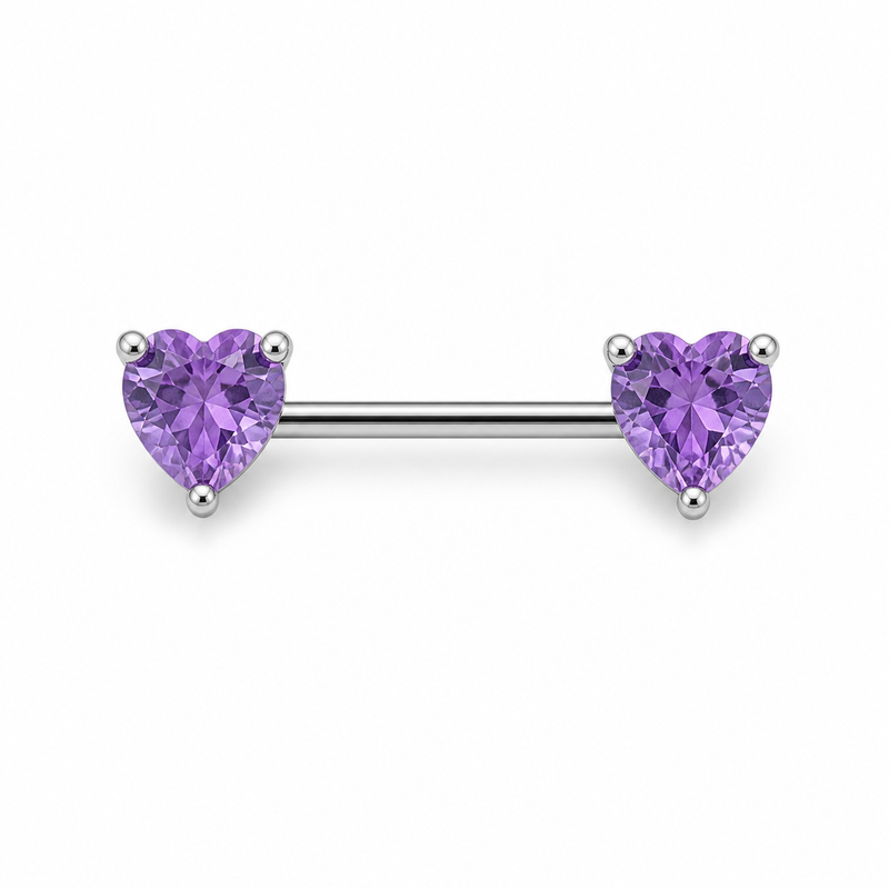 Piercing téton barre argentée double cœur zircon violet — coloris violet argenté