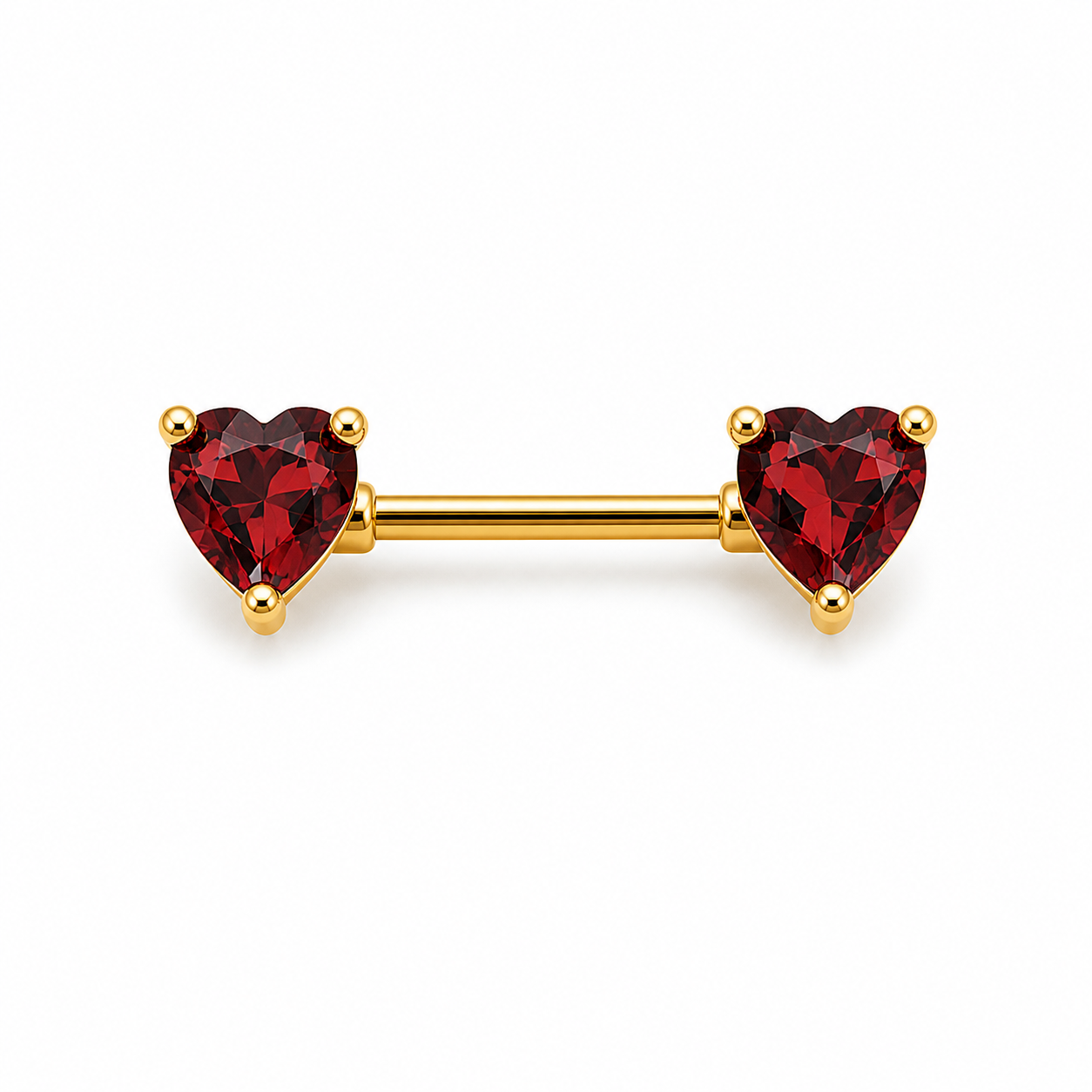 Piercing téton barre dorée double cœur zircon rouge taille cœur — coloris rouge doré