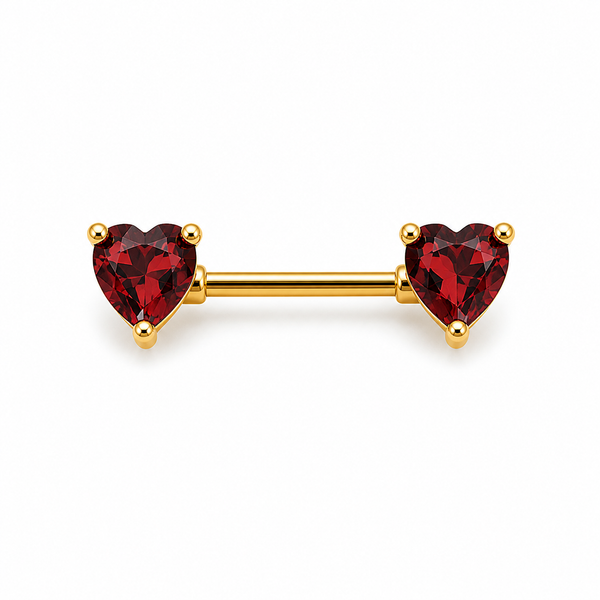 Piercing téton barre dorée double cœur zircon rouge taille cœur — coloris rouge doré