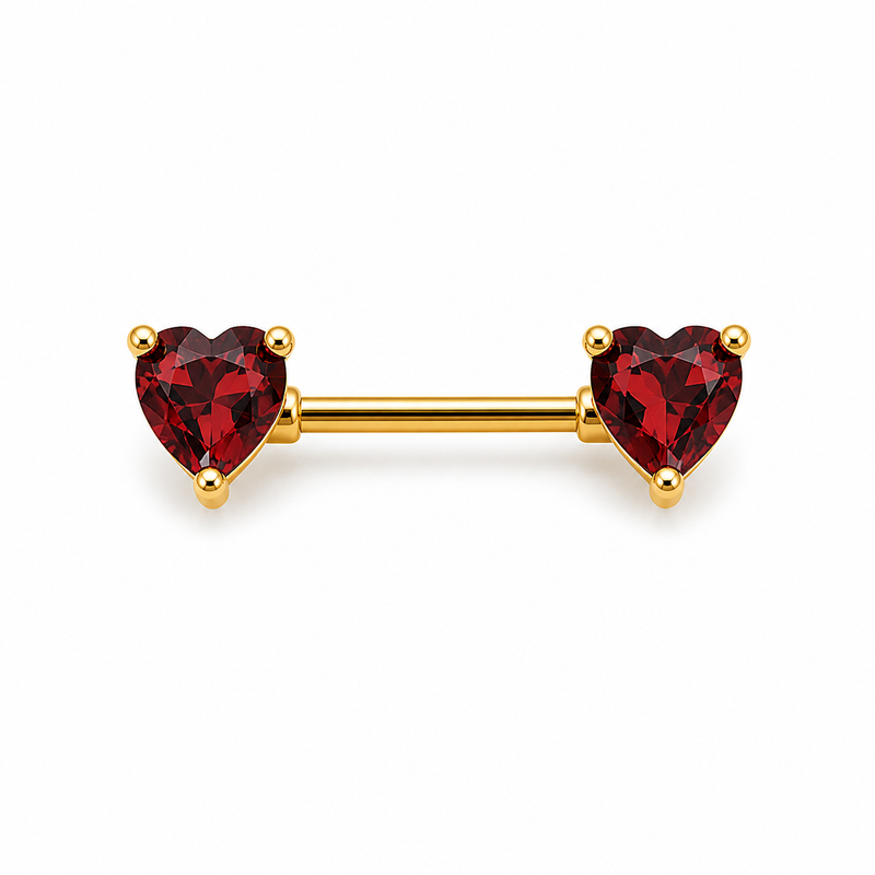 Piercing téton barre dorée double cœur zircon rouge taille cœur — coloris rouge doré