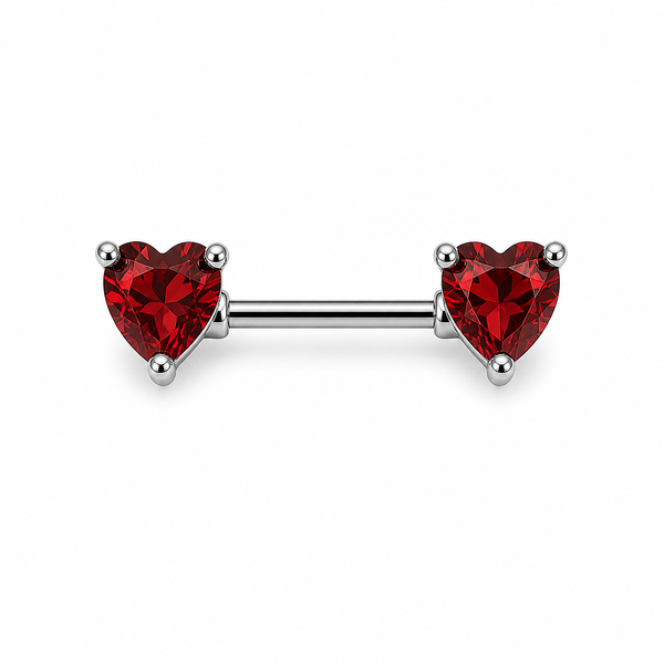 Piercing téton barre argentée double cœur zircon rouge — coloris rouge argenté