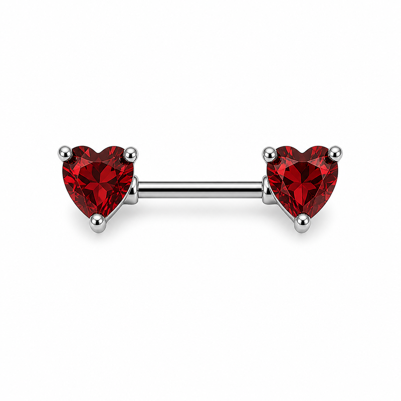 Piercing téton barre argentée double cœur zircon rouge — coloris rouge argenté