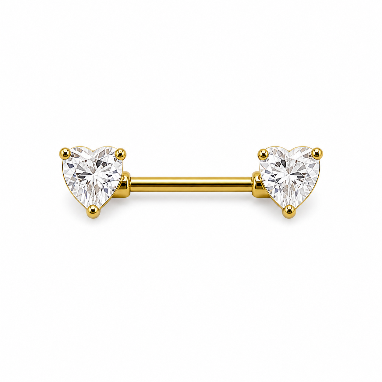 Piercing téton barre dorée double cœur zircon blanc taille cœur — coloris blanc doré