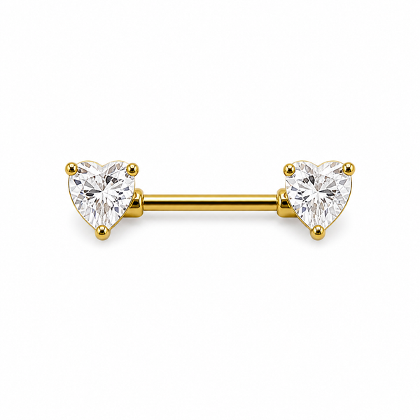 Piercing téton barre dorée double cœur zircon blanc taille cœur — coloris blanc doré