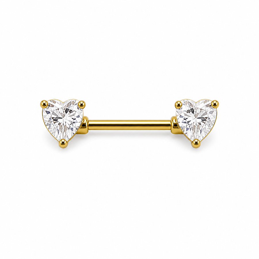 Piercing téton barre dorée double cœur zircon blanc taille cœur — coloris blanc doré