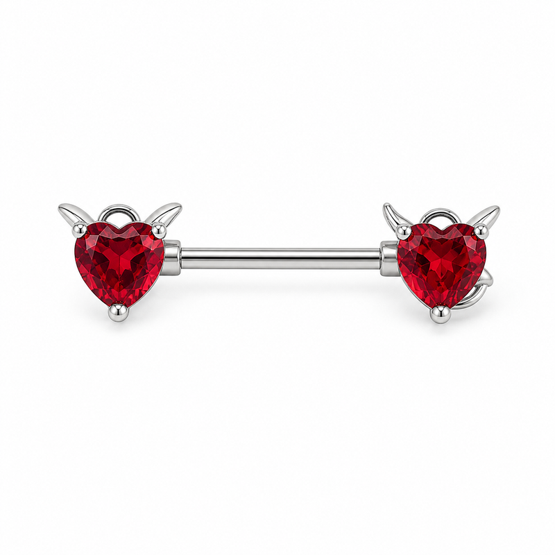 Piercing téton barre argentée double cœur diable zircon rouge — finition argentée
