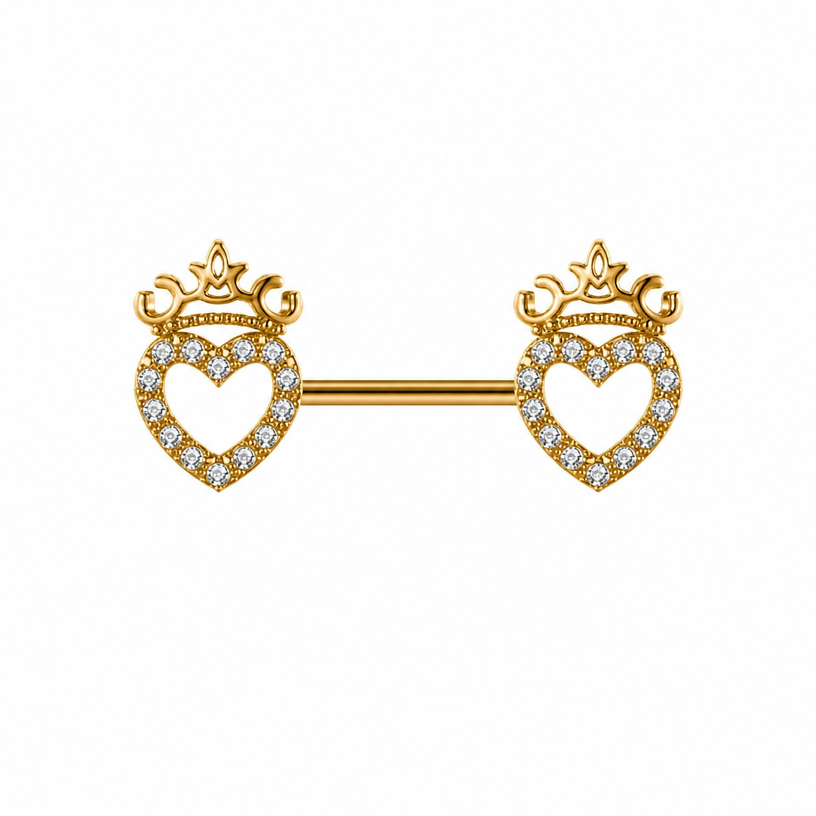 Piercing téton barre dorée double cœur couronné pavé zircon blanc — finition dorée