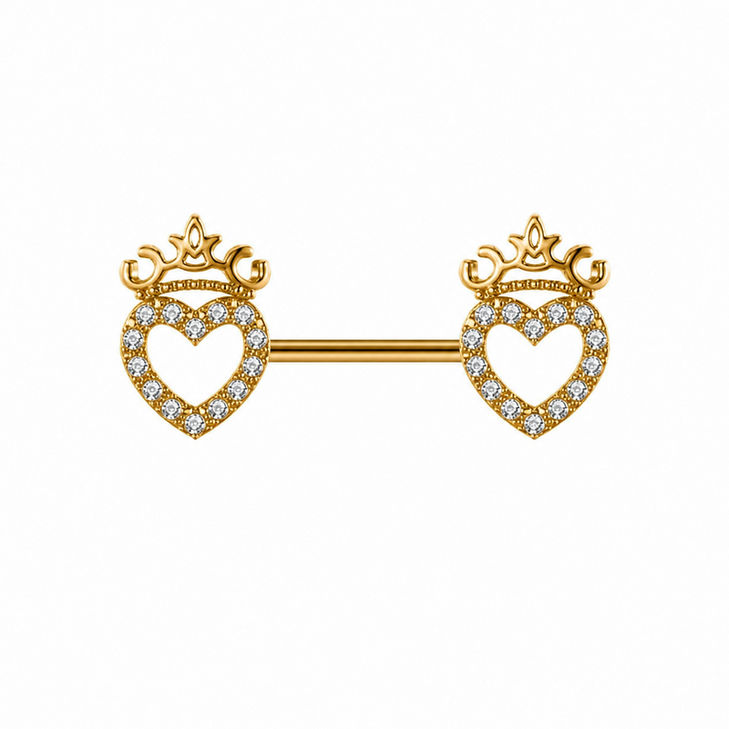 Piercing téton barre dorée double cœur couronné pavé zircon blanc — finition dorée