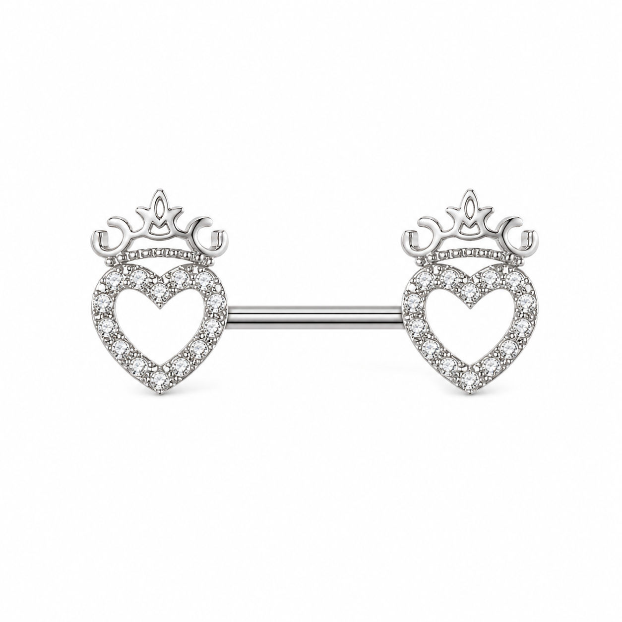 Piercing téton barre argentée double cœur couronné pavé zircon blanc — finition argentée