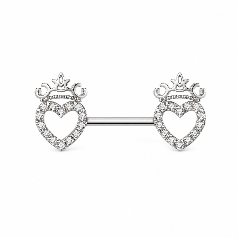 Piercing téton barre argentée double cœur couronné pavé zircon blanc — finition argentée